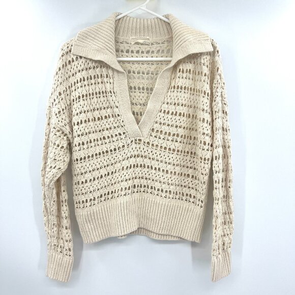 Anthropologie Ivory Cream Open Knit Collared Split Neck Sweater Women's Small - Picture 1 of 4